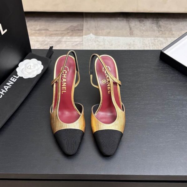 Chanel Metallic Ribbed Leather High Block Slingback Pump Heels