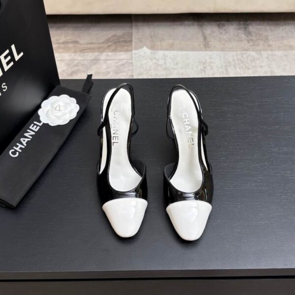 Chanel Two Tone Patent Leather Kitten Slingback Pump Heels