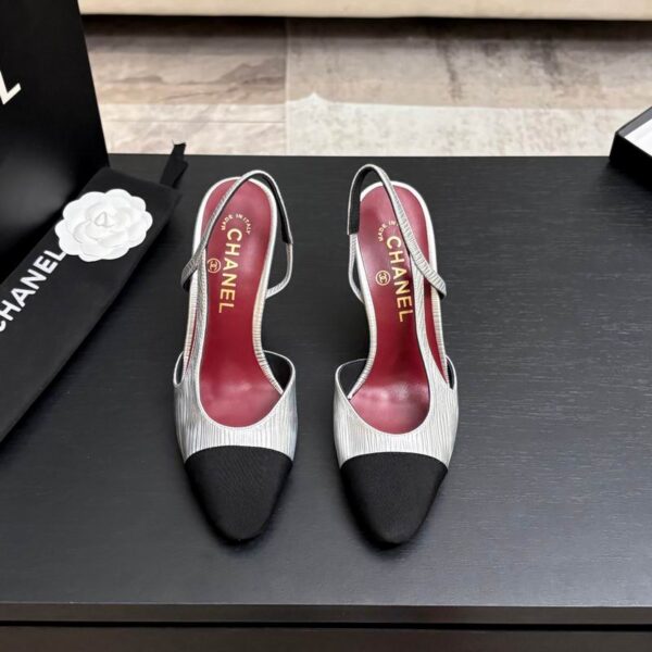Chanel Metallic Ribbed Leather High Block Slingback Heels