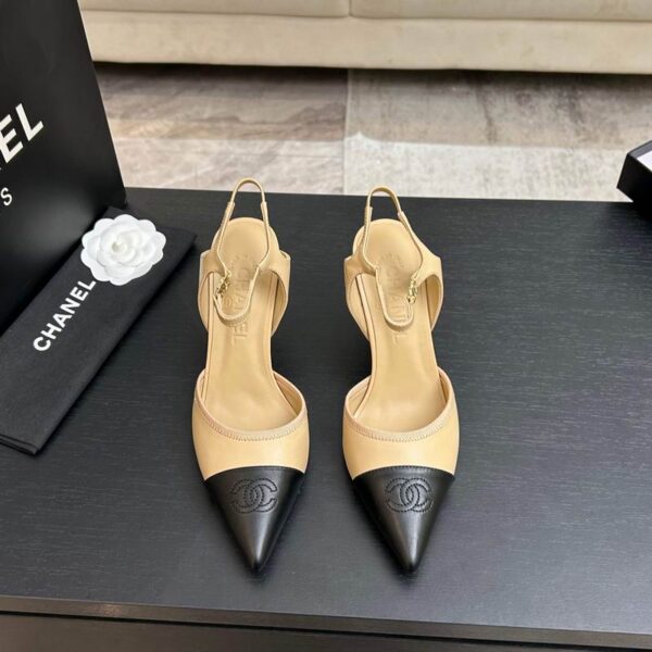 Chanel Beige & Black Interlocking CC Pointed Toe Slingback Pump Heels