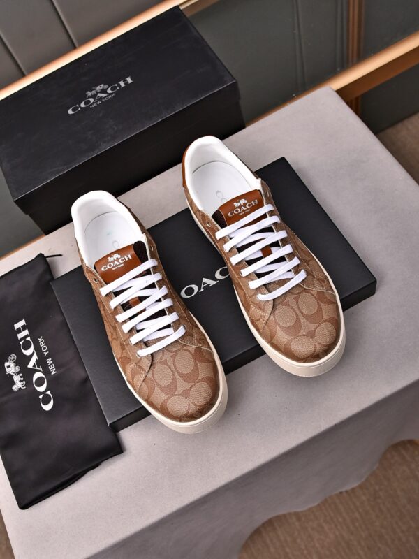 Coach Clip Low Top Sneakers With Brown Monogram Pattern & White Laces