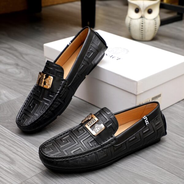 Versace Black Greca Embossed Medusa Plate Driver Loafers