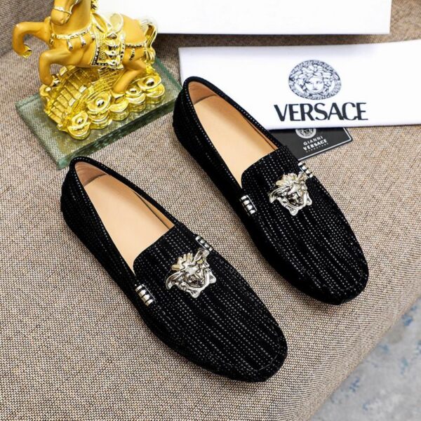 Versace Crystal Embellished Suede Medusa Driver Loafers