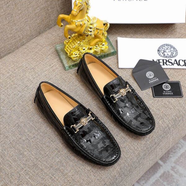Versace Patent Crocodile Embossed Medusa H Strap Driver Loafers In 2 Colors