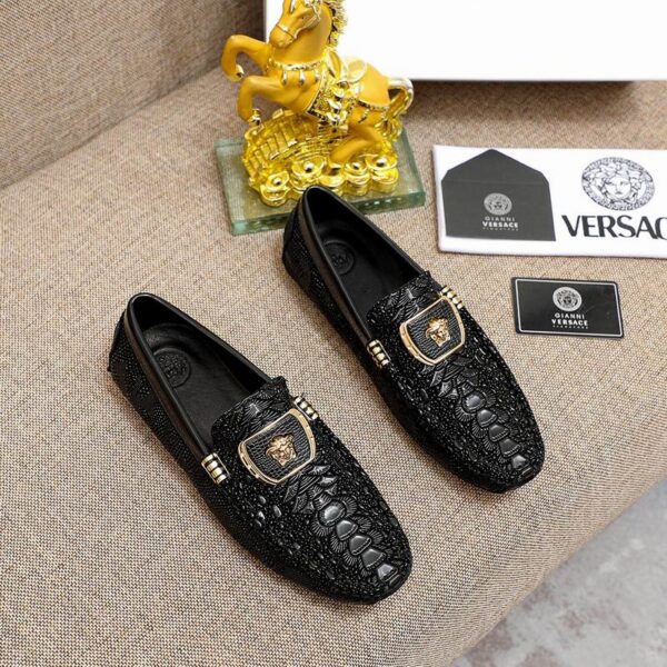Versace Mixed Texture Crocodile & Crystal Medusa Plate Driver Loafers