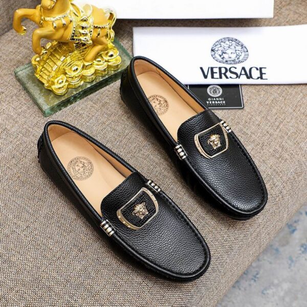 Versace Grained Leather Medusa Shield Plate Driver Loafers In 2 Colors