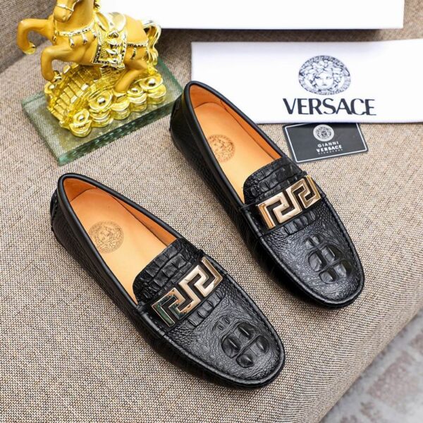 Versace Crocodile Embossed Greca Hardware Driver Loafers