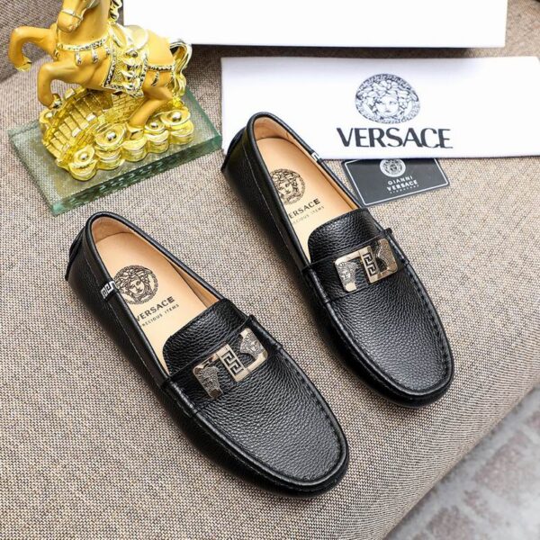 Versace Grained Leather Medusa Shield Plate Driver Loafers