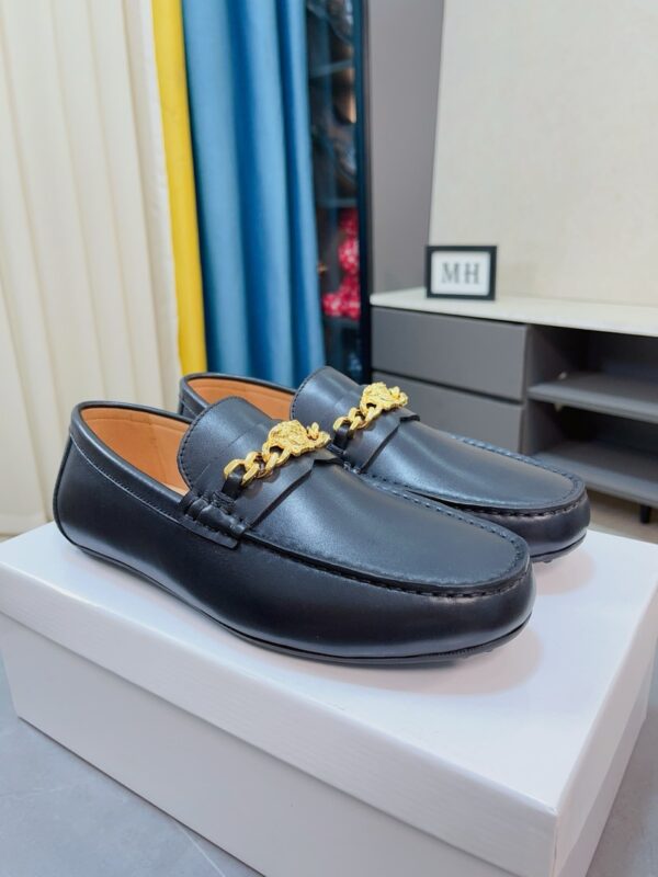 Versace Medusa Chain Smooth Black Leather Driver Loafers
