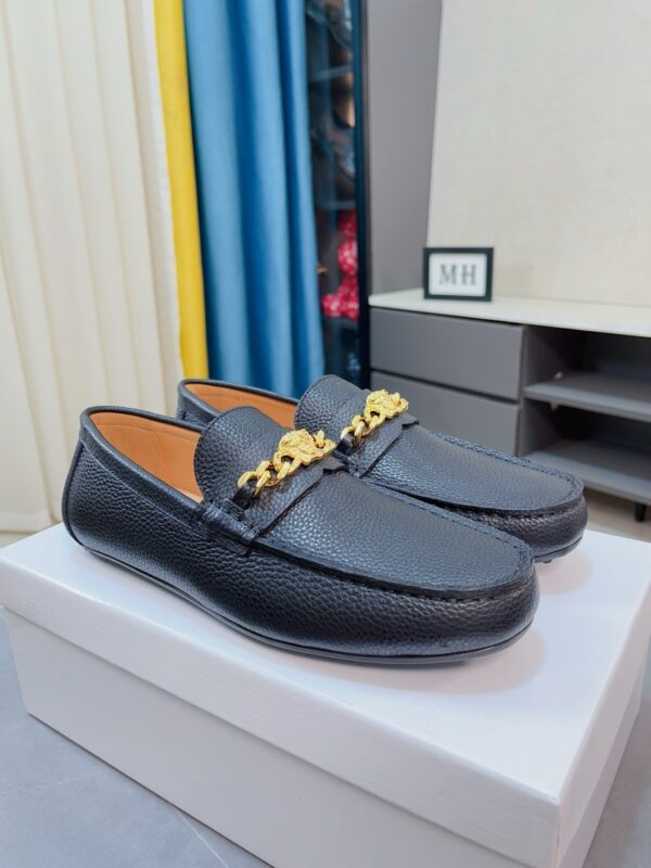 Versace Medusa Chain Grained Black Leather Driver Loafers