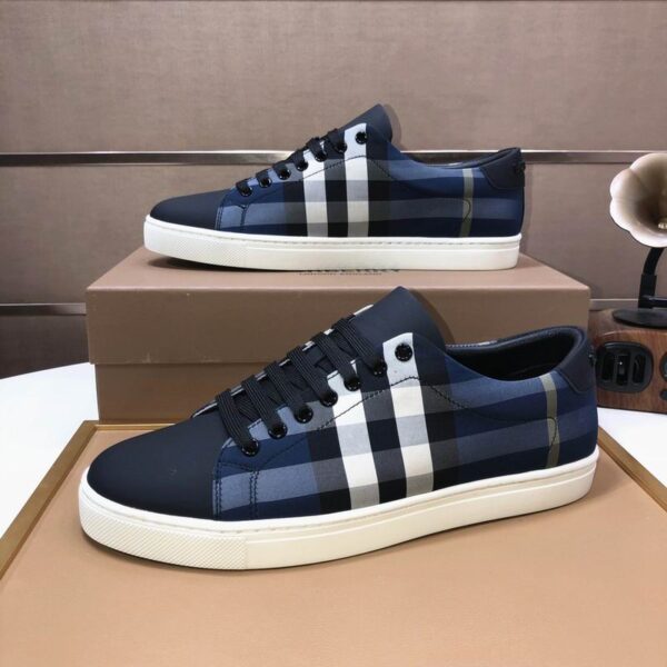 Burberry Navy Blue Check Canvas & Matte Leather Low Top Sneakers