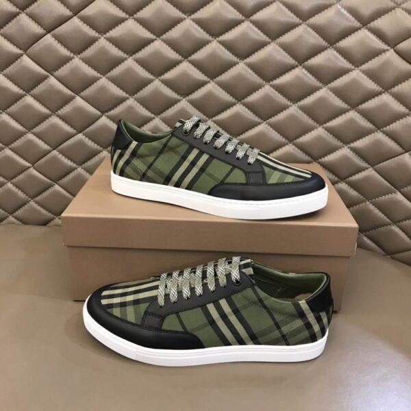 Burberry Military Green Check Canvas & Black Leather Low Top Sneakers