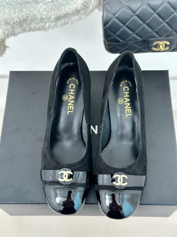 Chanel Black Suede Patent Cap Toe CC Bow Pump Heels