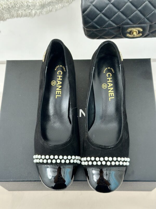 Chanel Suede Patent Faux Pearl Cap Toe Pump Heels