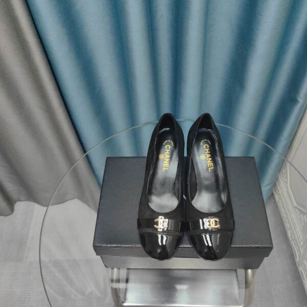 Chanel Black Suede Patent Cap Toe CC Buckle Pump Heels