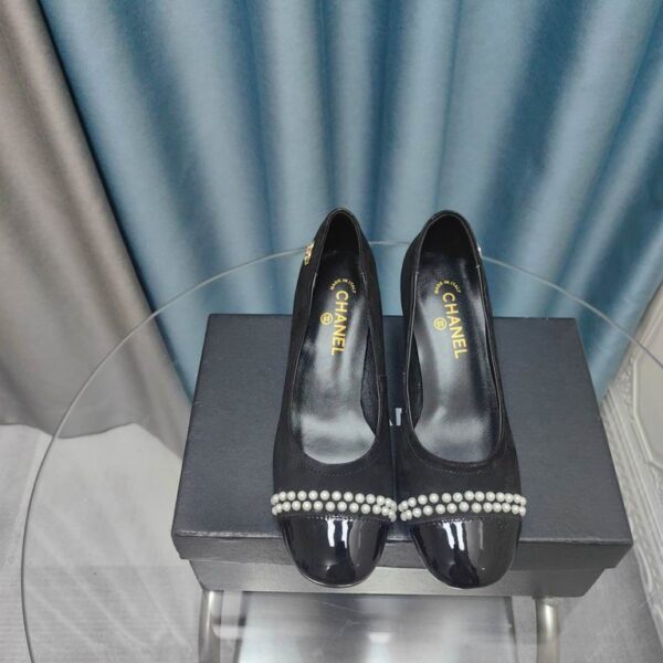 Chanel Black Suede Patent Pearl Embellished Cap Toe Pump Heels